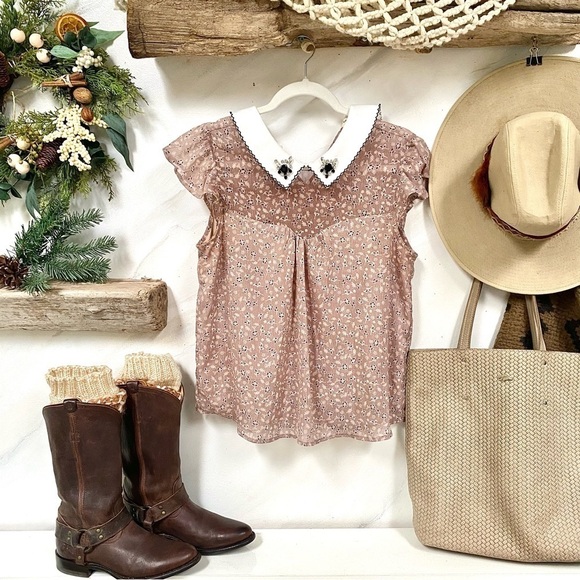 Faith and Joy Tops - Parisian Shabby chin boho Prairie blouse w jewel collar